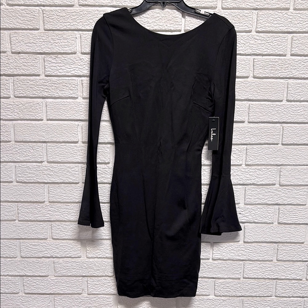 NWT Lulu's Black Ribbed Bell Sleeve Bodycon Dress